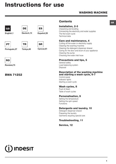 INDESIT BWA 71252 INSTRUCTIONS FOR USE .